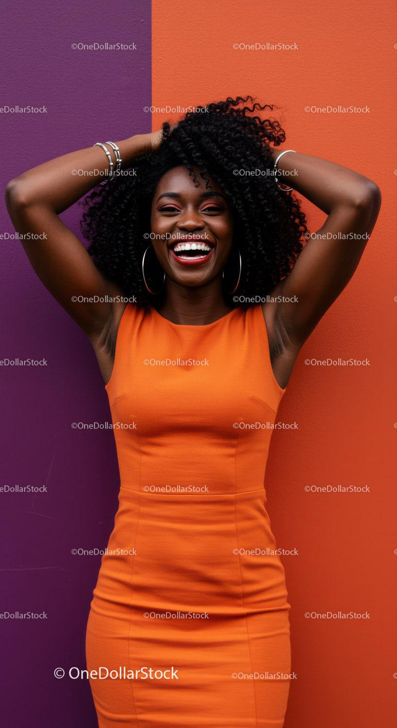 Vibrant Woman in Orange Dress Smiling Against Colorful Background