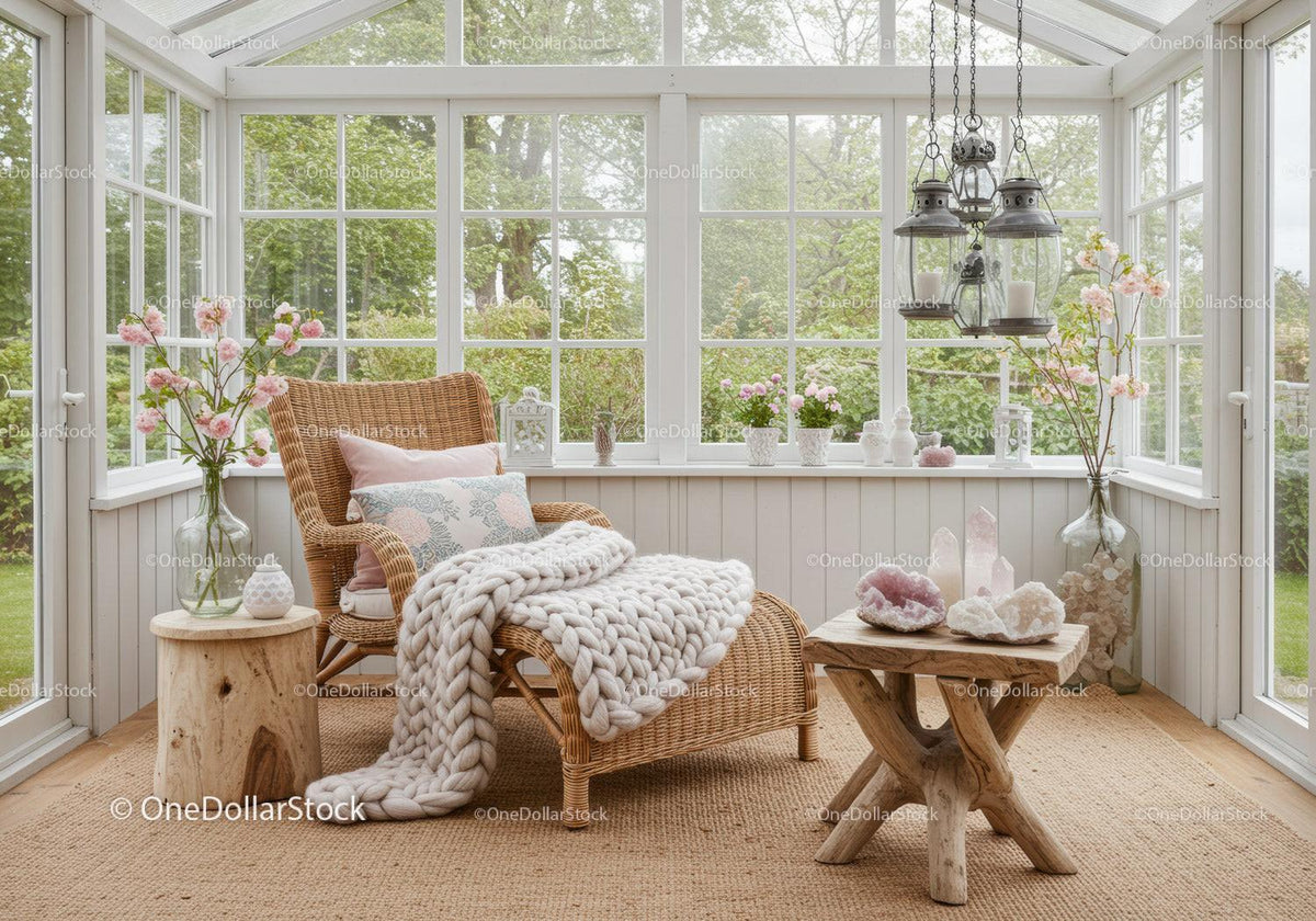 Cozy sunroom with wicker chaise and soft knit blanket