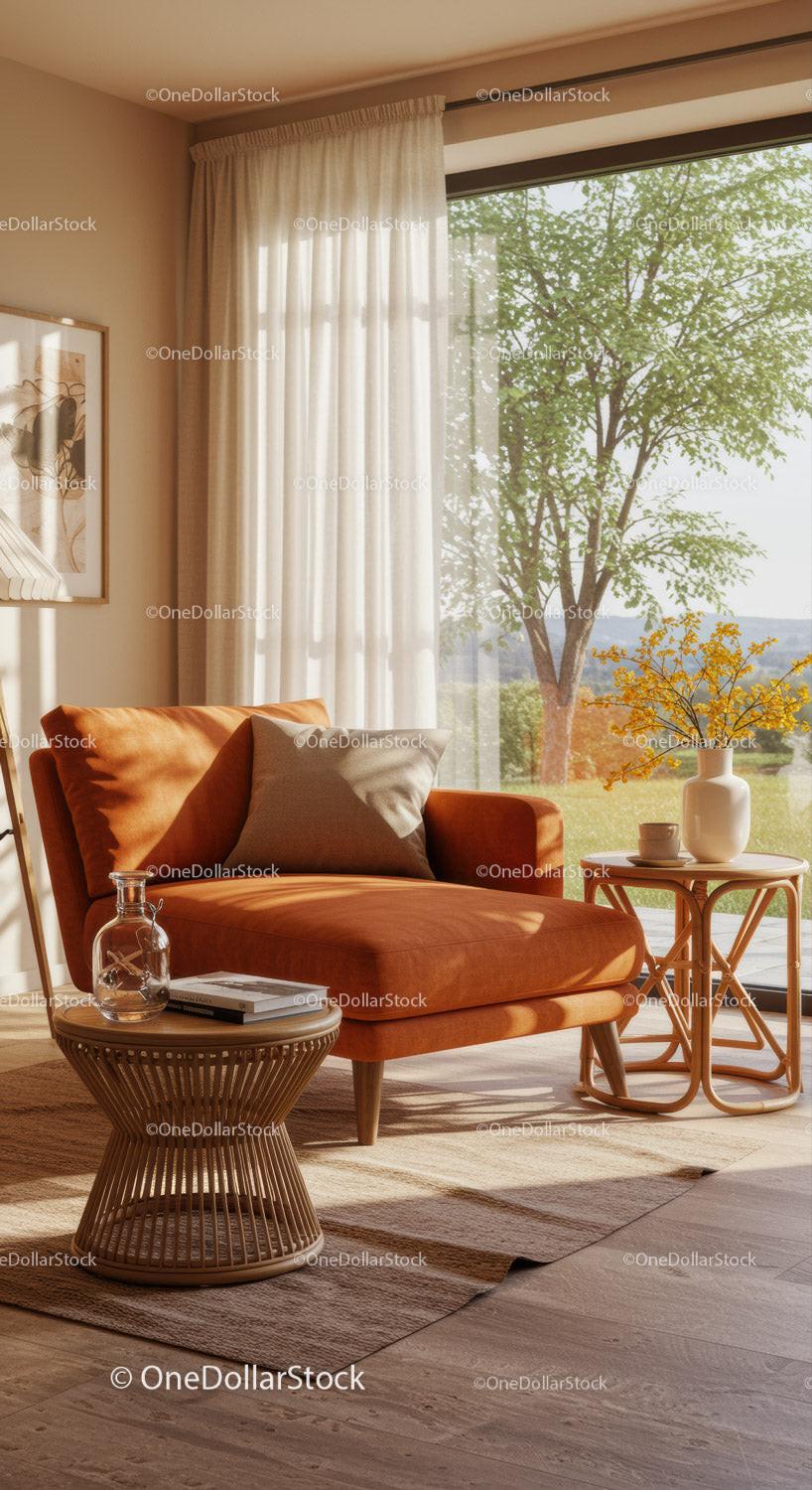 Cozy corner with orange lounge chair near large window