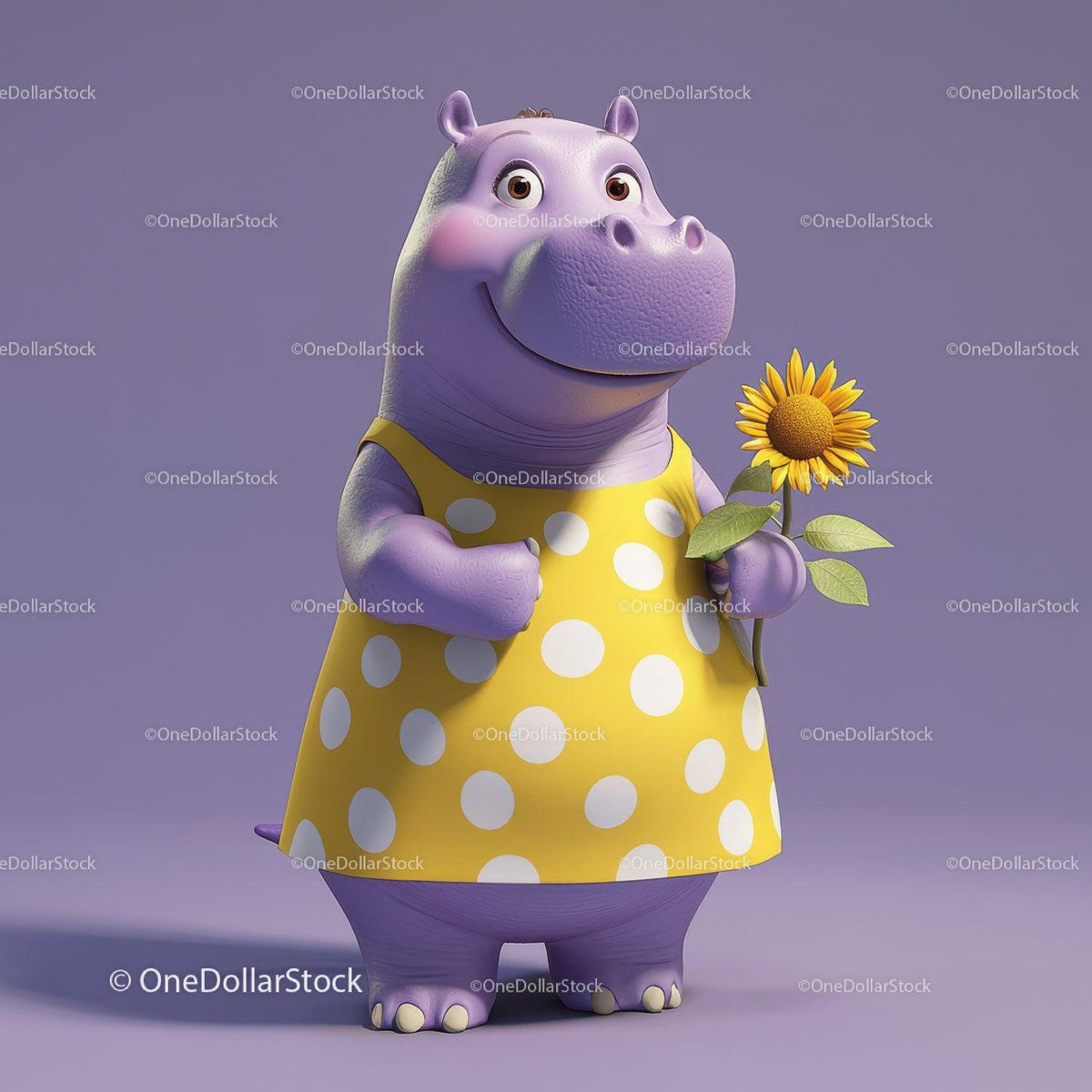 Purple hippo cartoon character in yellow polka dot dress holding a sunflower