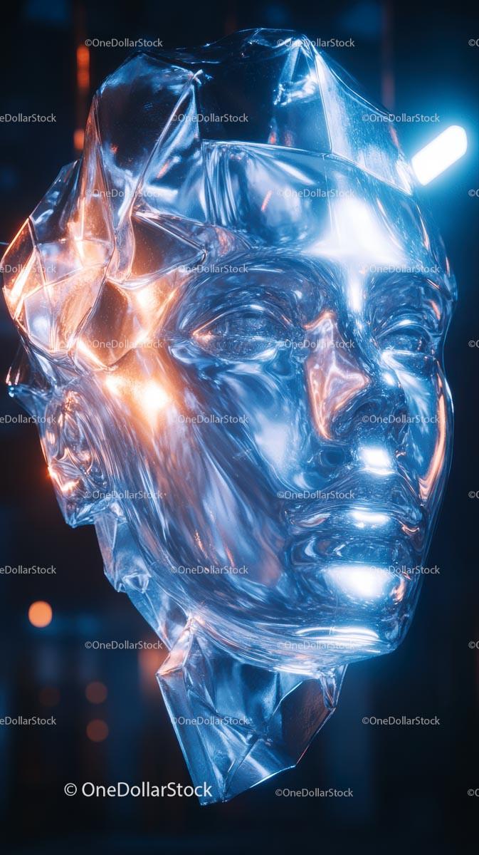 Futuristic Glass Head Sculpture with Blue Illumination
