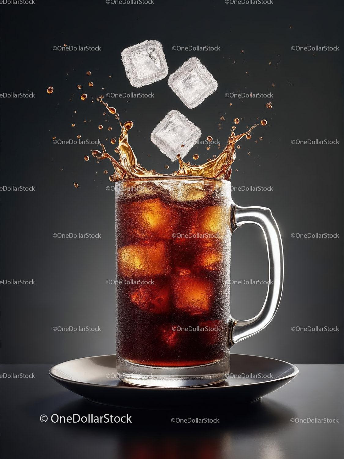 Refreshing cola splash with ice cubes in glass mug