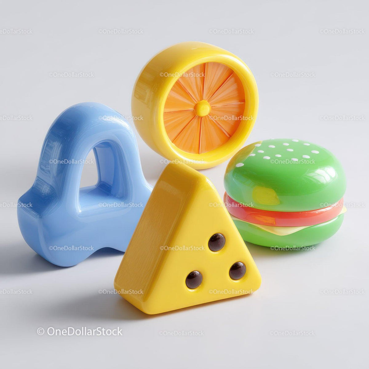 Blue number 4, yellow cheese wedge, yellow citrus slice, and green hamburger ceramic figurines