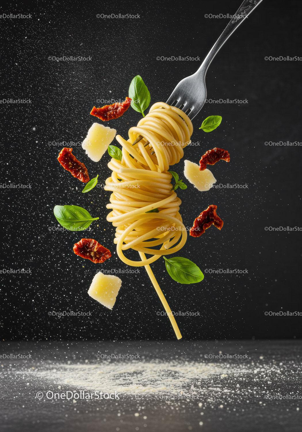 Spaghetti Twisted on Fork with Basil and Parmesan