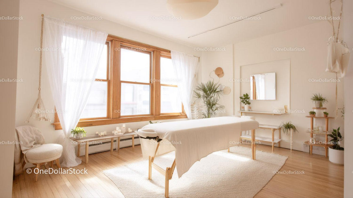 Bright Wellness Spa Room with Massage Table and Green Plants