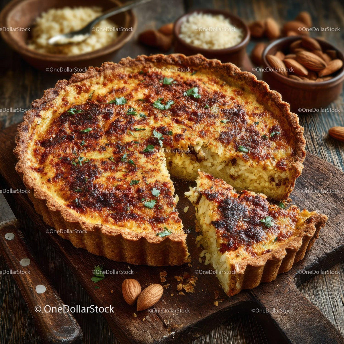 Seafood Shrimp Quiche with Fresh Herbs on Rustic Wooden Table Stock Photo Bundle preview 32