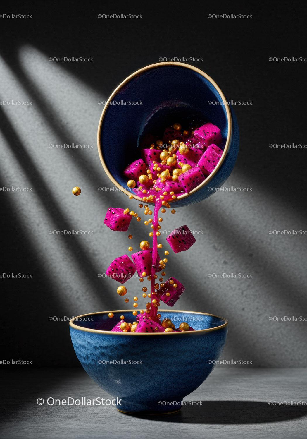 Vibrant Dragon Fruit Pieces Pouring Into Blue Bowl