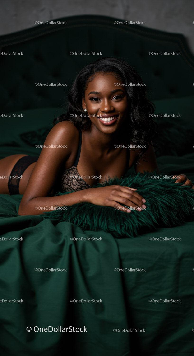 Smiling woman relaxing on green bed with cozy pillow