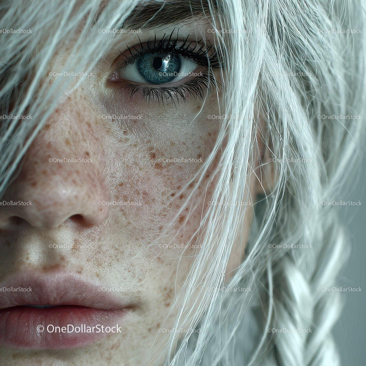 Close-up of a Woman's Face with Blue Eye and Freckles