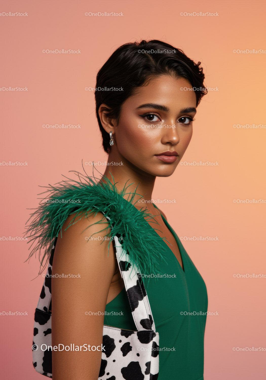 Fashion Portrait of a Woman with Short Hair Wearing a Green Dress and Feather Detail