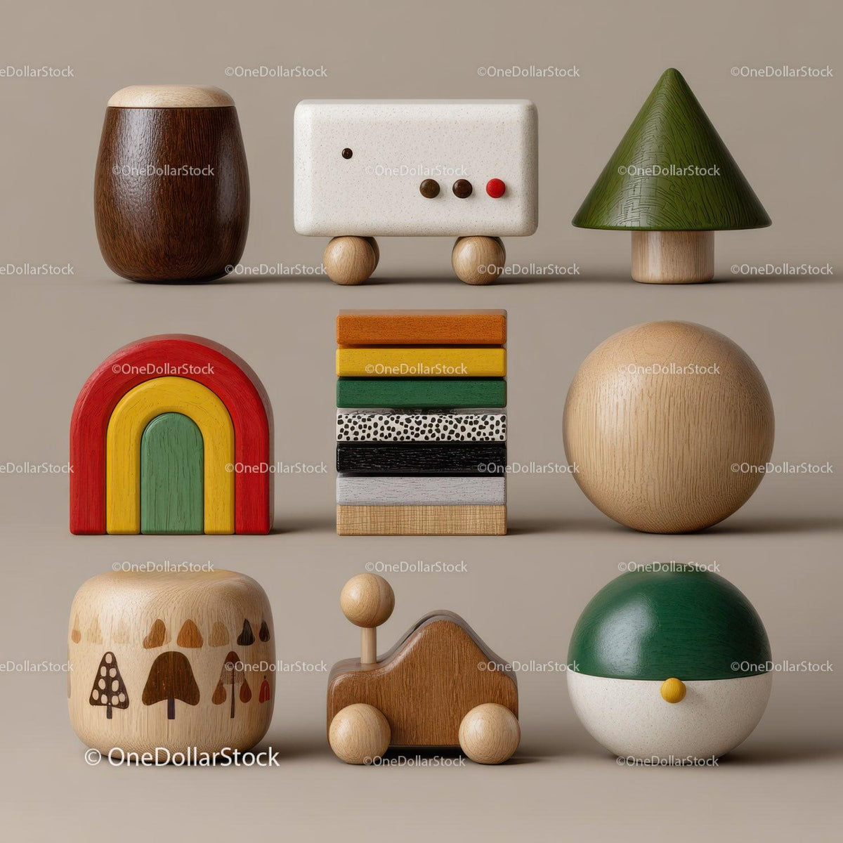Collection of assorted wooden educational toys including blocks, vehicle, tree, and curved arches on beige surface