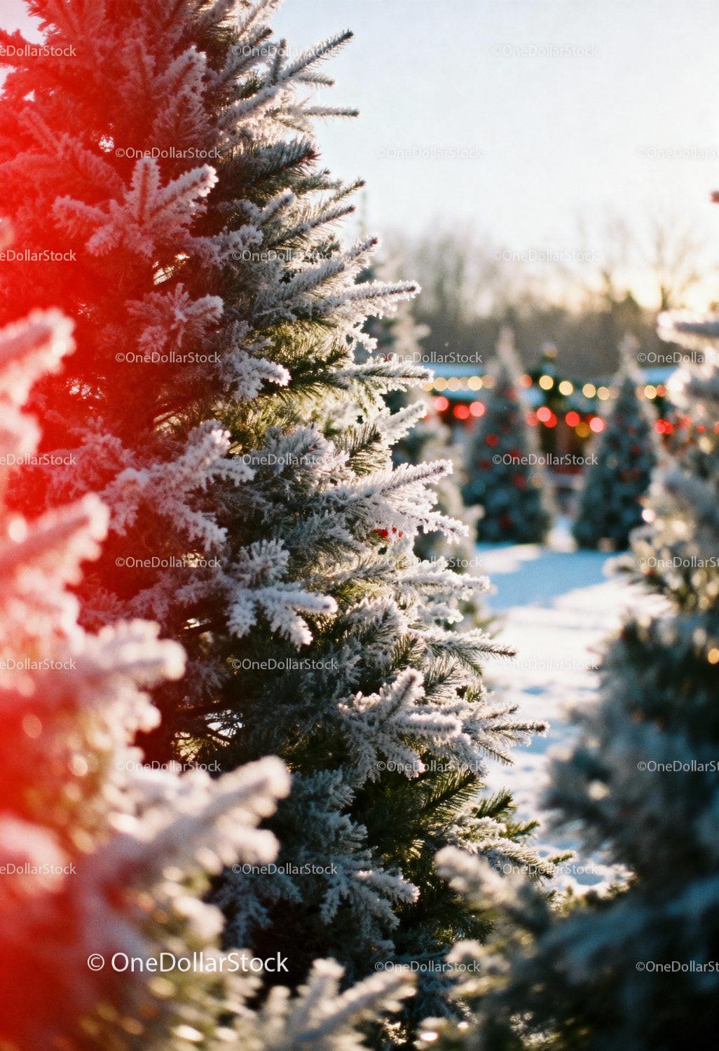 Snow-covered evergreen trees in wintry forest scene