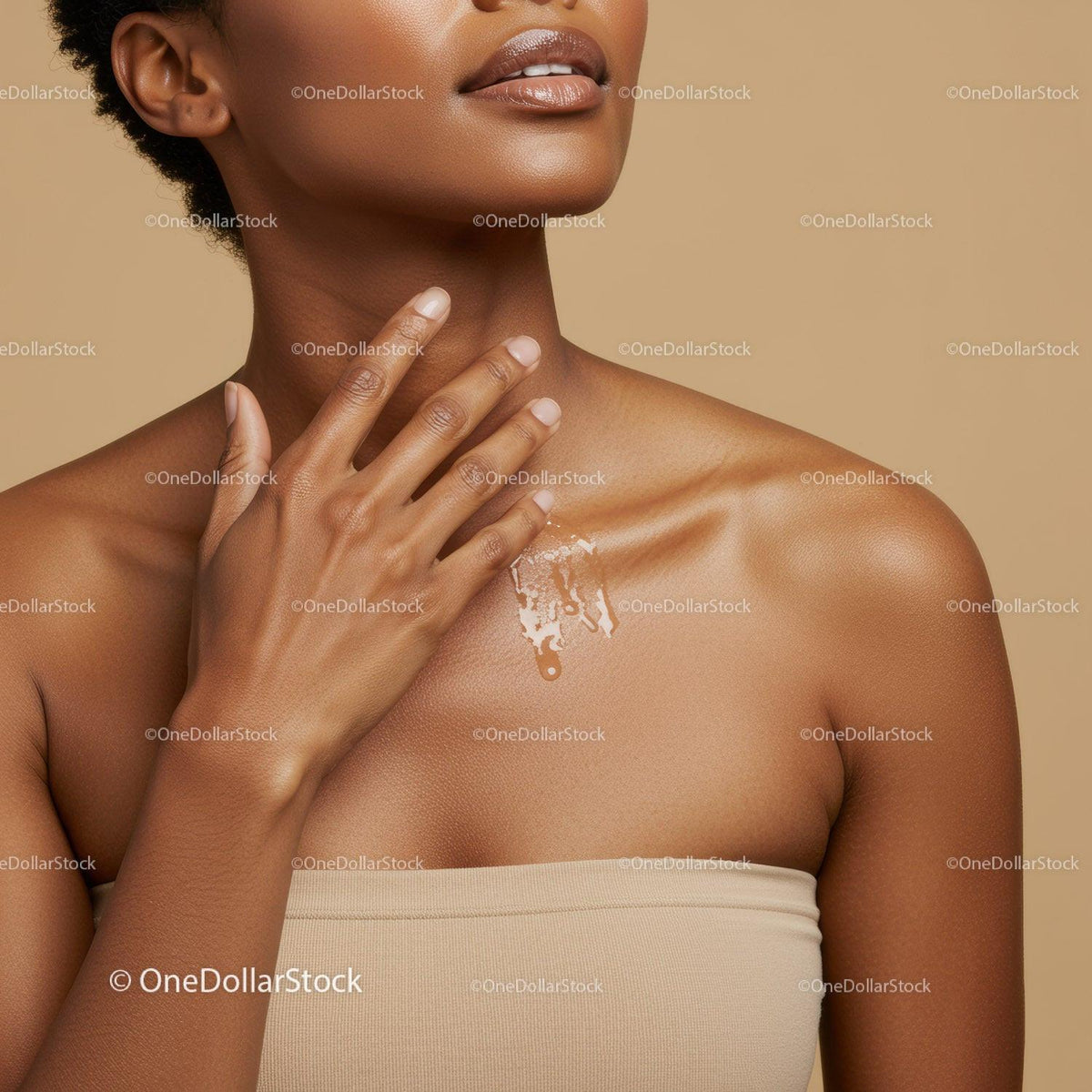 Elegant Woman with Glowing Skin Touching Her Neck in Minimalist Setting