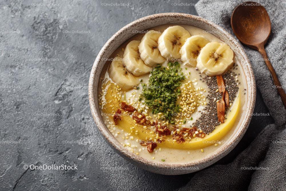 Beautifully Styled Banana Smoothie Bowl with Chia Seeds and Honey