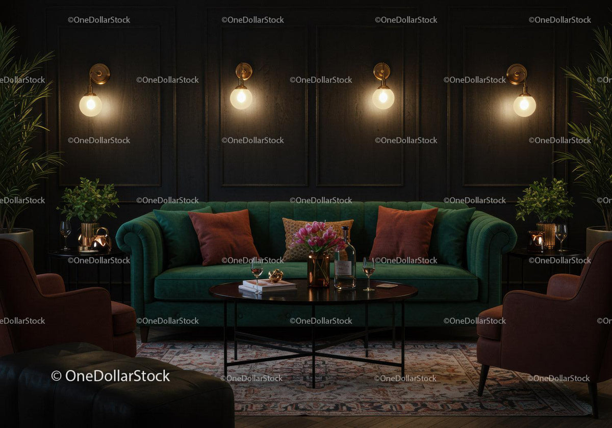 Cozy living room with emerald sofa and ambient lighting