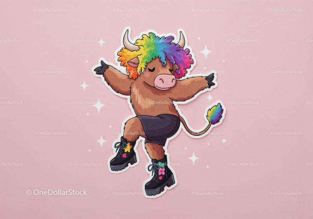 Cartoon dancing bull with rainbow hair and black flower pattern boots on pink background