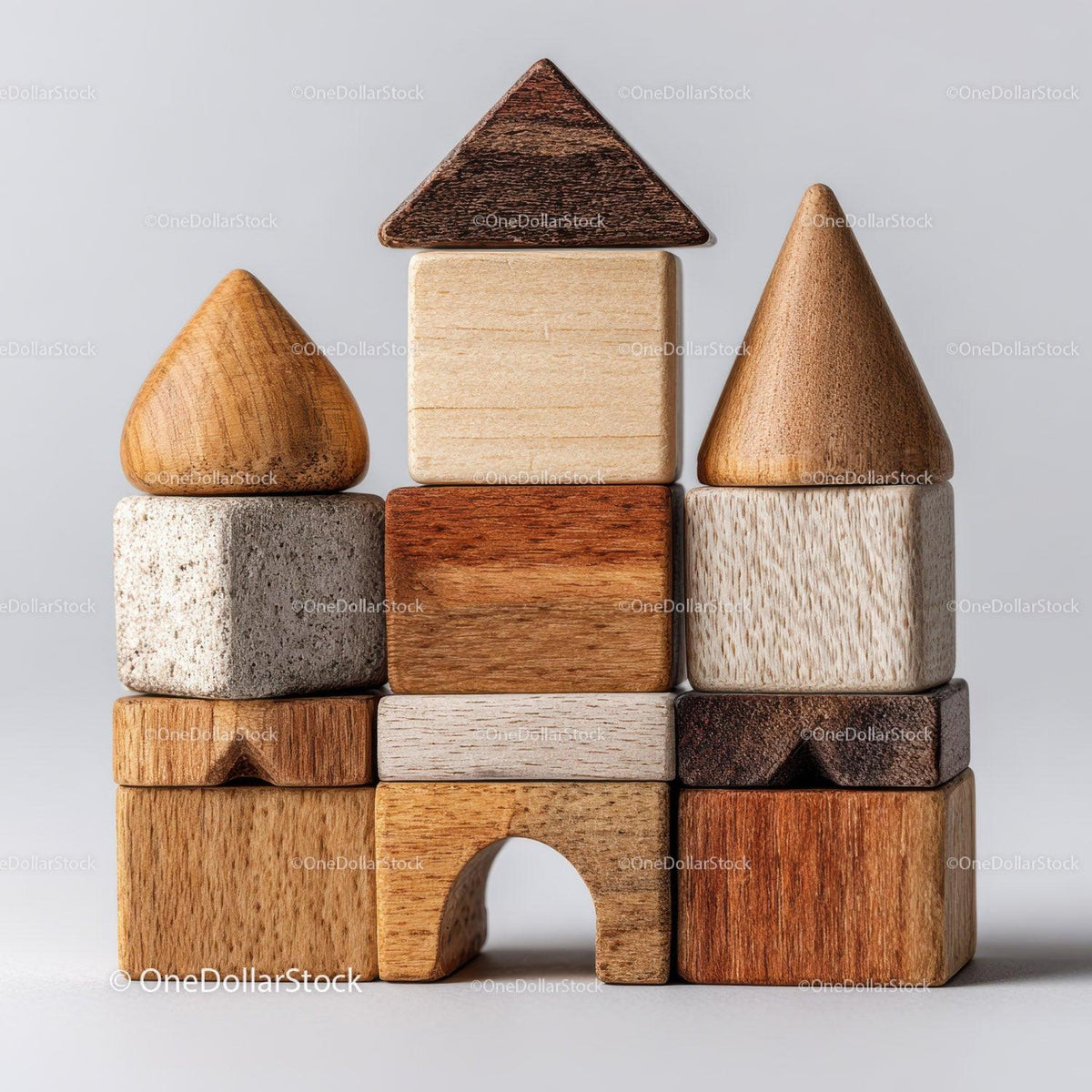 Stacked natural wooden toy blocks forming a castle shape with cones and cubes
