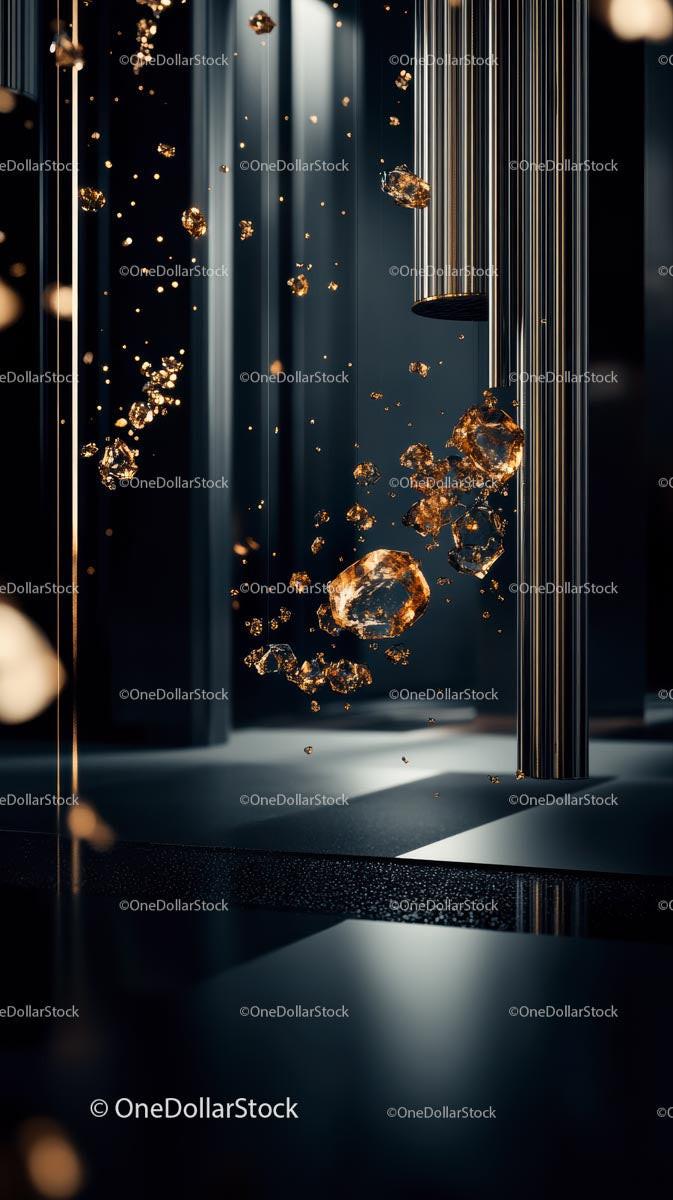 Futuristic Interior with Gold Particles and Metallic P Illars