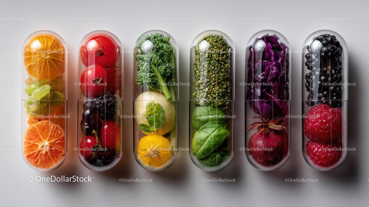 Colorful Assorted Fruits and Vegetables in Clear Capsules