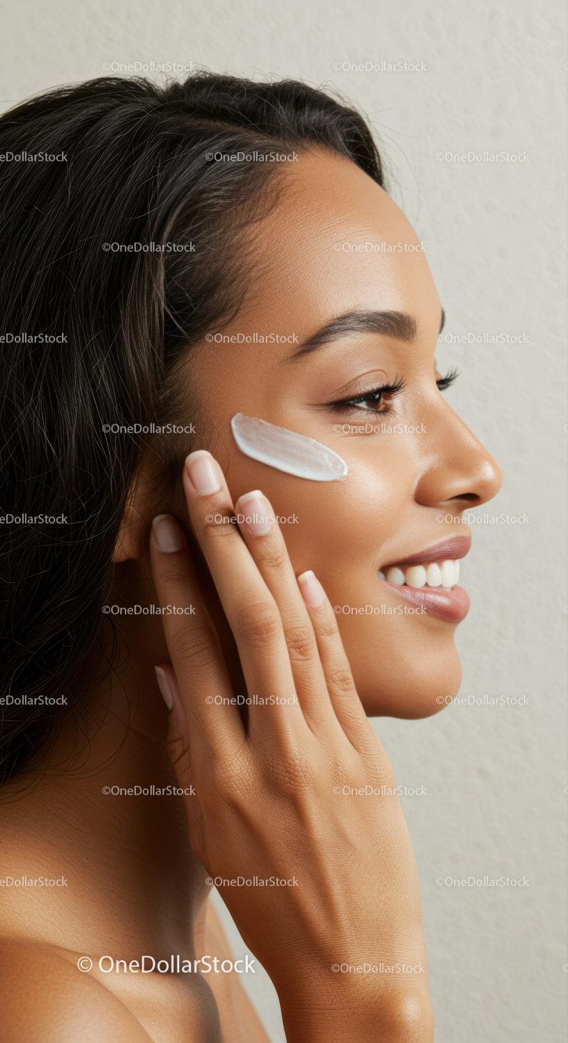 Young Woman Applying Skincare Cream for Glowing Flawless Skin
