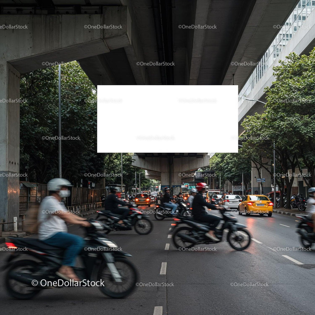 Busy urban street with motorbikes and cars in motion JPG Mockup Image preview