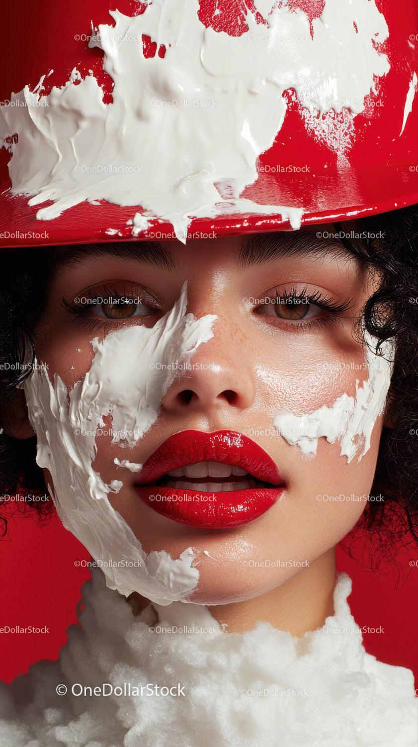 Striking Artistic Makeup Featuring Bold Red Lips and White Cream