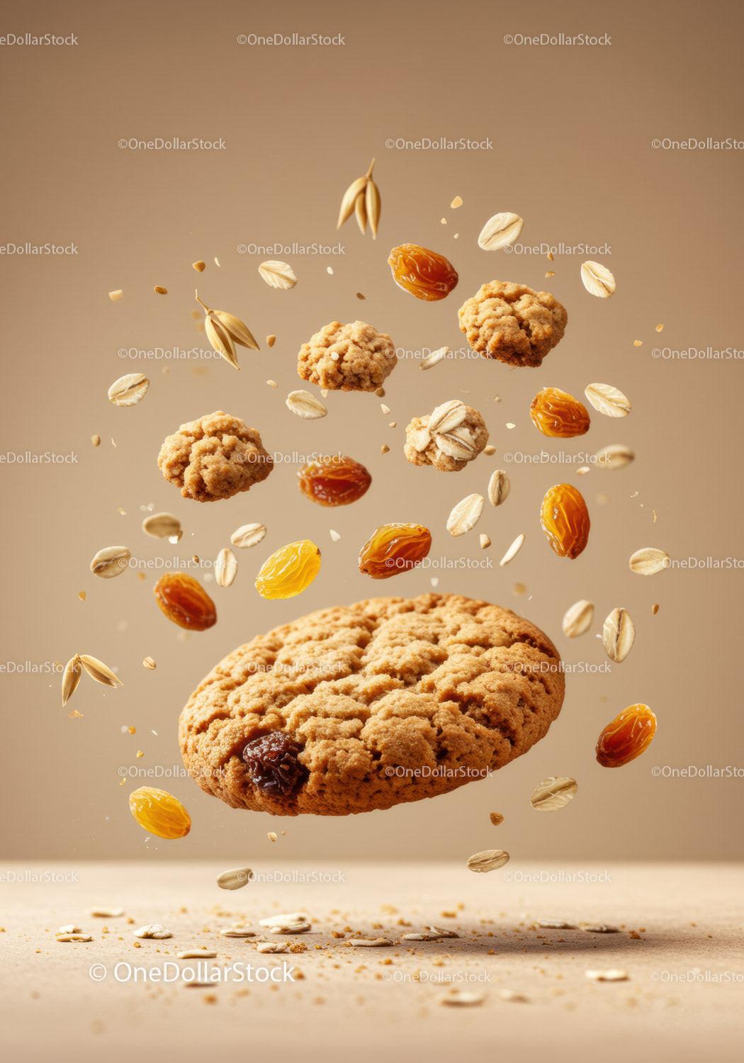 Oatmeal raisin cookie with scattered ingredients in air