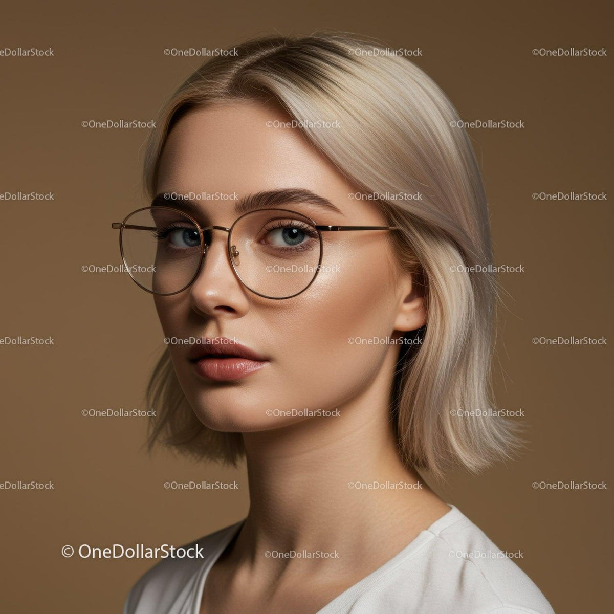 Elegant Woman with Blonde Hair and Glasses in Studio Portrait