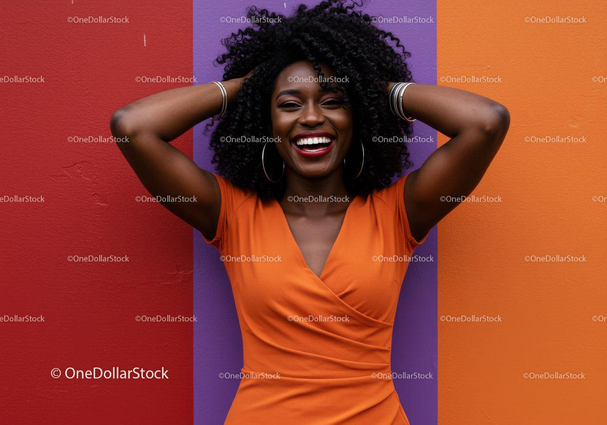 Vibrant Woman with Curly Hair Smiling Against Colorful Background