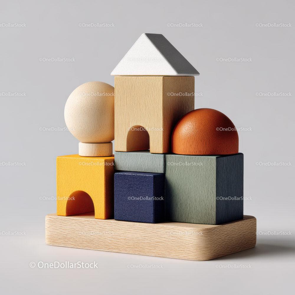 Stacked colorful wooden geometric blocks including cubes, spheres, and a triangular prism on a wooden base