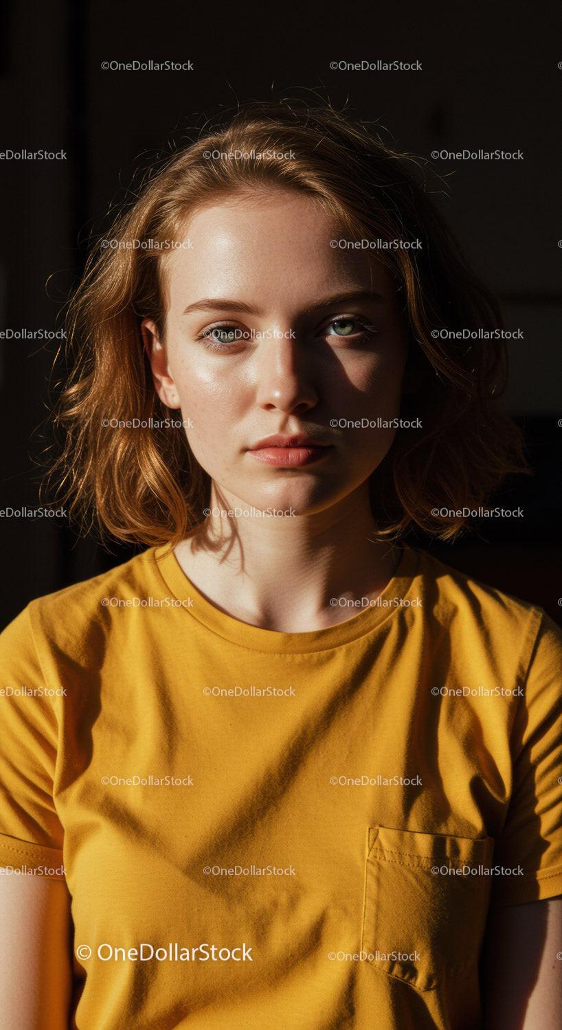Close-up Portrait of a Young Woman in a Yellow T-shirt with Natural Lighting