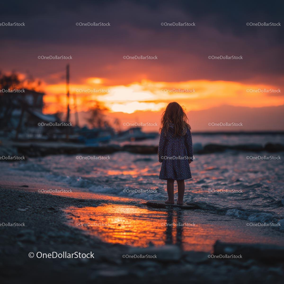 Silhouette of a Child at Sunset by the Ocean Shore 37 JPG Files digital asset preview