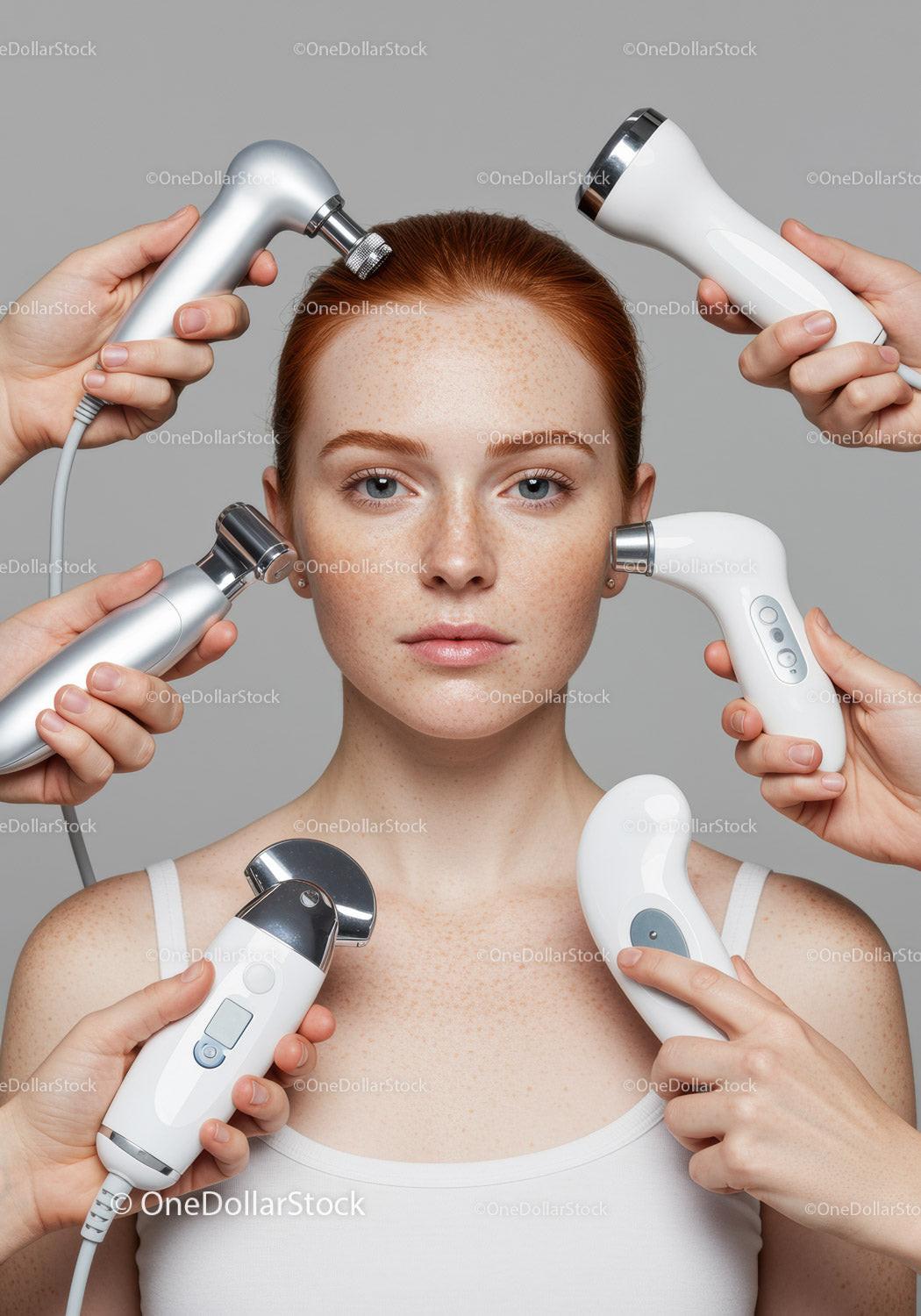 Woman Receiving Multiple Facial Treatments with Beauty Devices