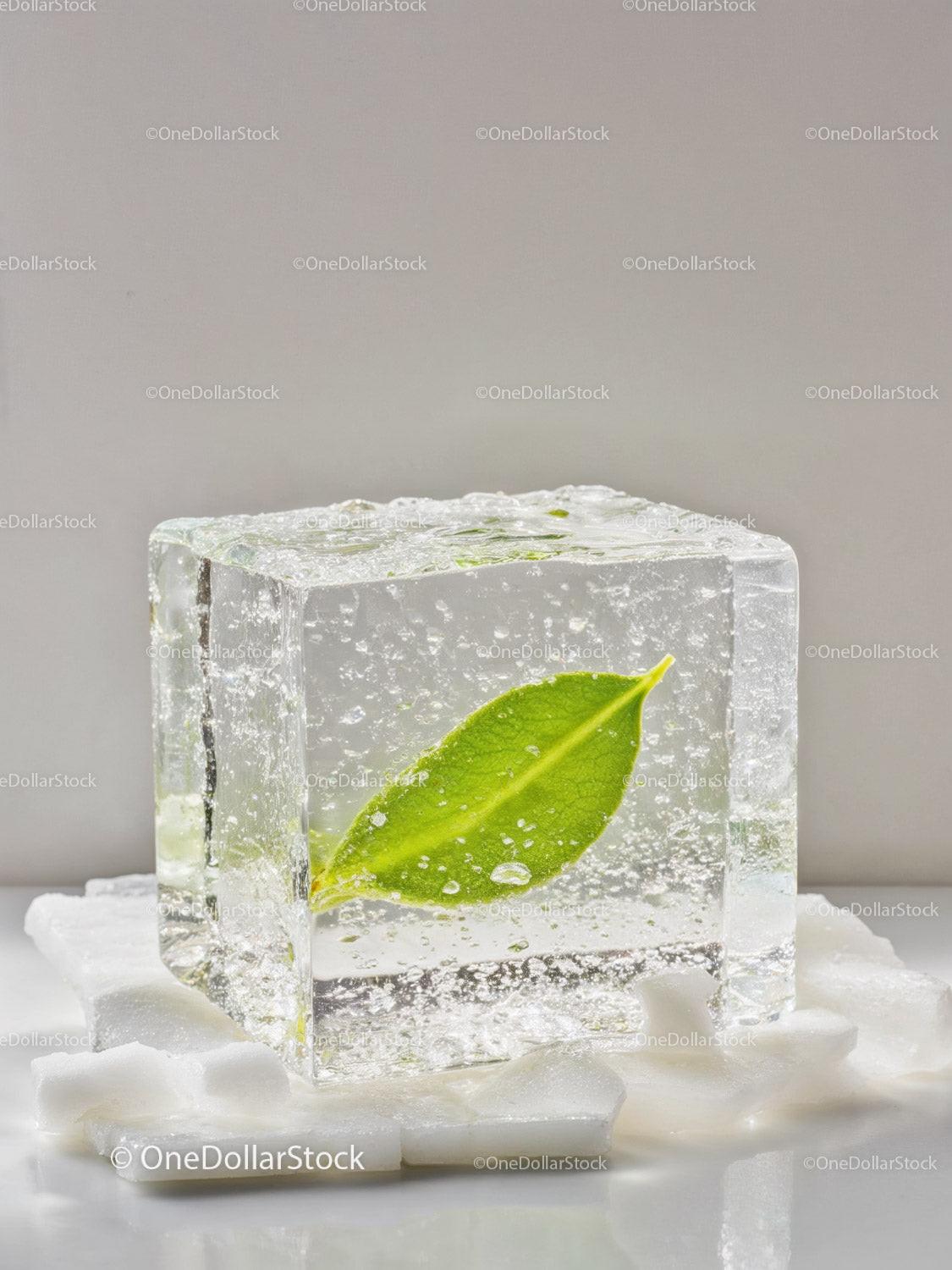 Fresh green leaf embedded in a clear ice cube