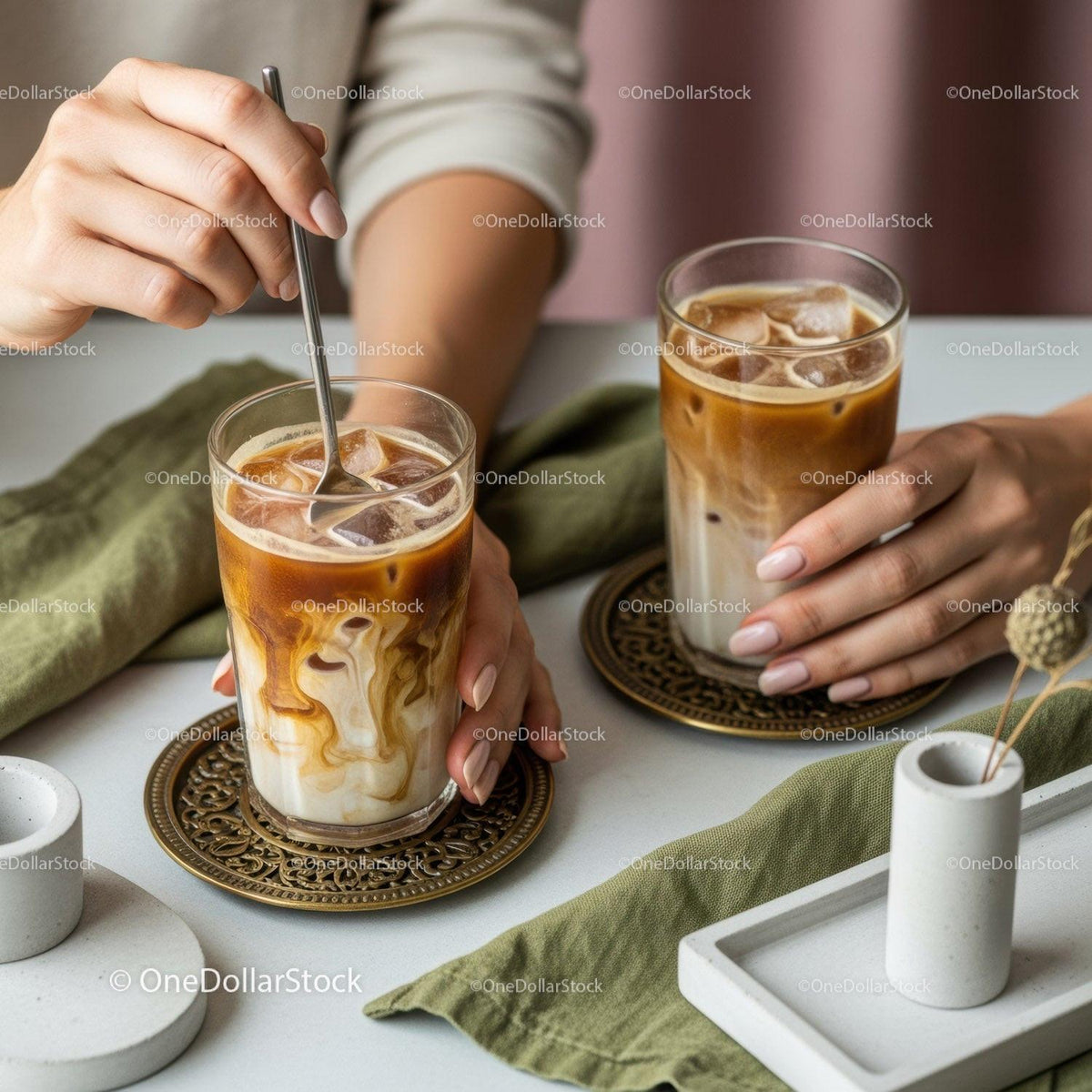 Iced Coffee Latte with Creamy Swirls in Clear Glass