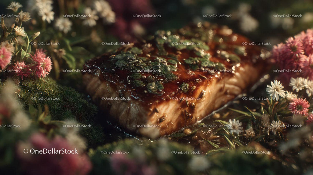 Close-up of Wet Mushroom among Moss and Flowers in Forest Floor