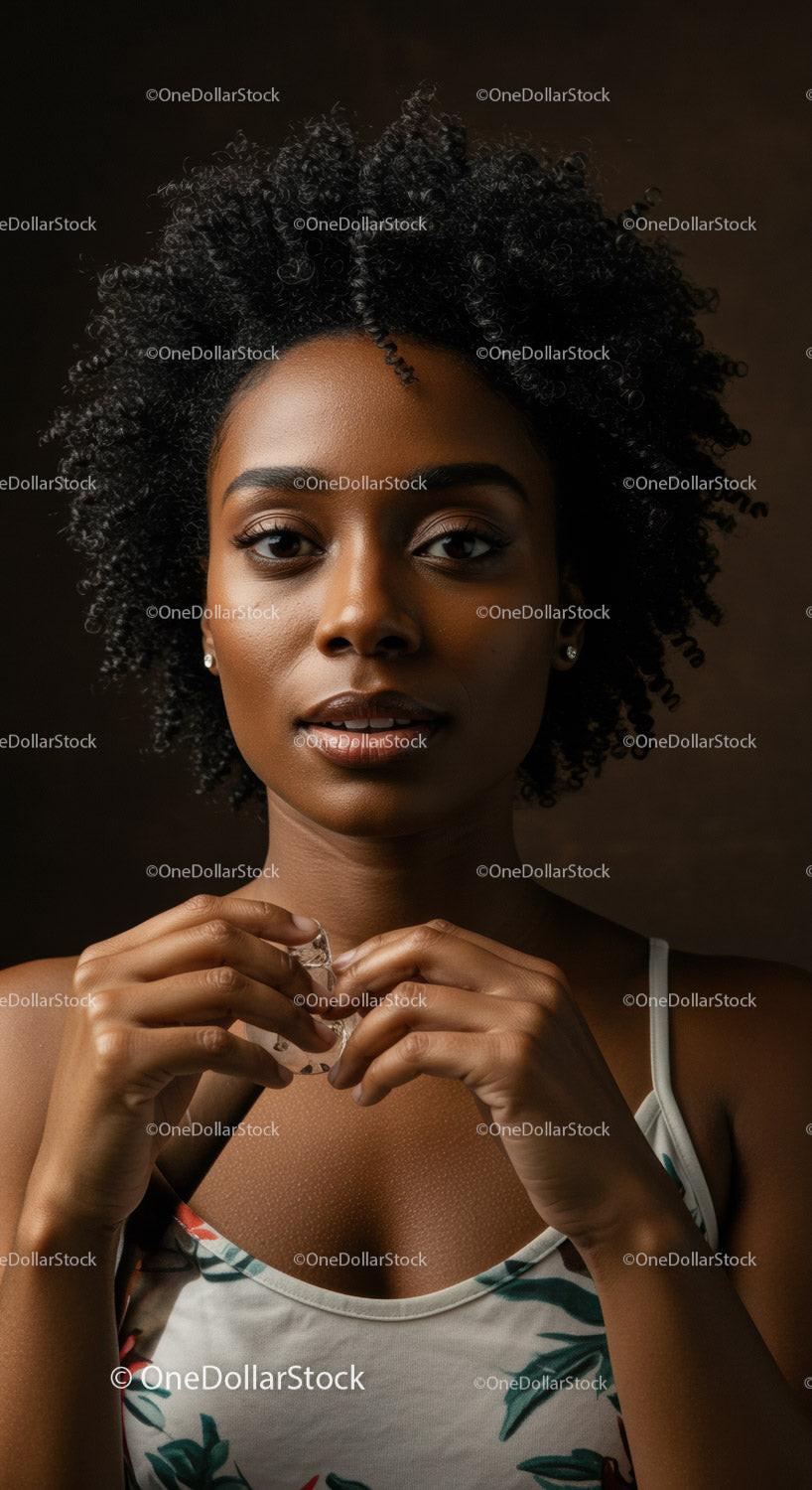 Thoughtful young woman holding clear crystal stone