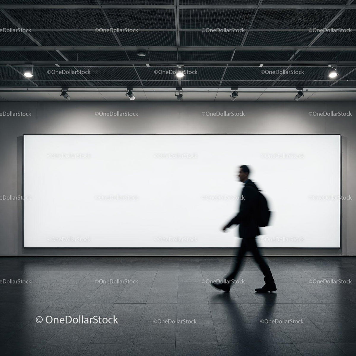 Silhouette of businessman walking past blank billboard JPG Mockup Image preview