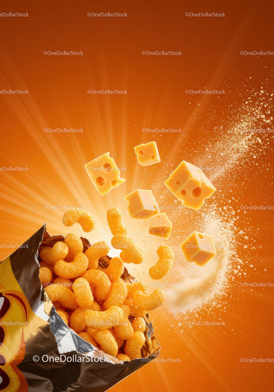 Crunchy Cheese Snacks Pouring from Opened Bag