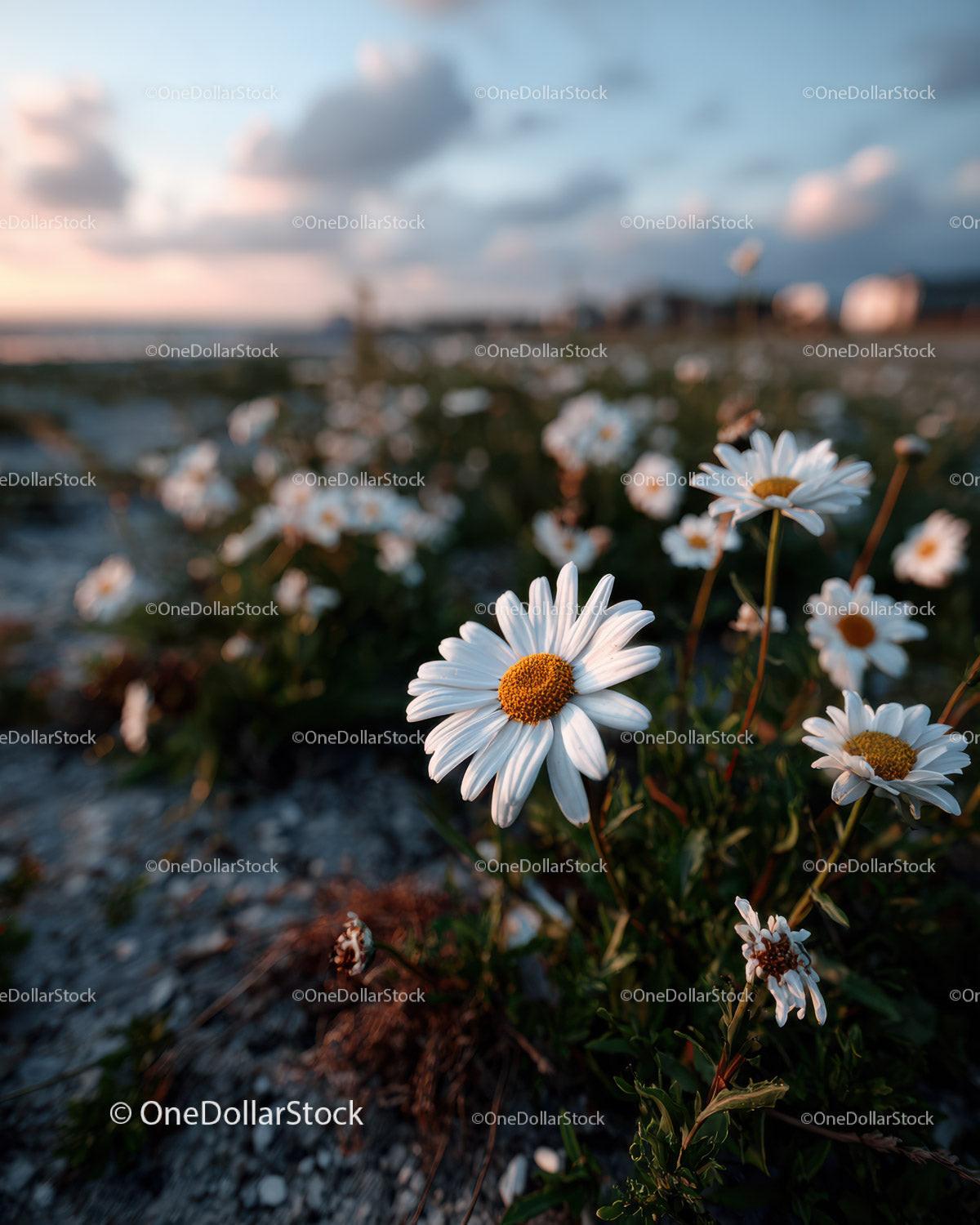 Wild Daisies Blooming in Meadow at Sunset Sky Stock Photo Bundle preview 5