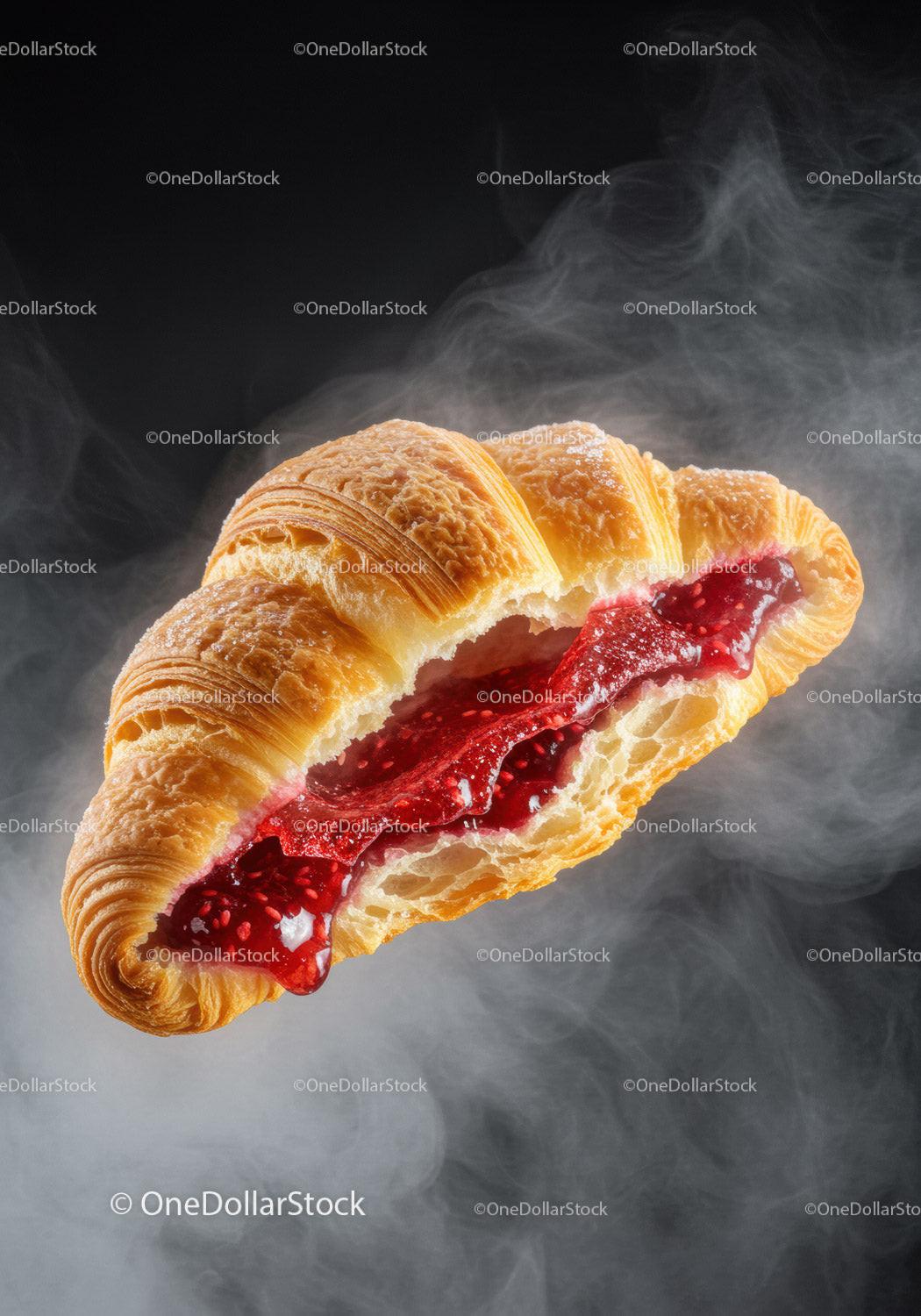 Flaky croissant filled with vibrant raspberry jam