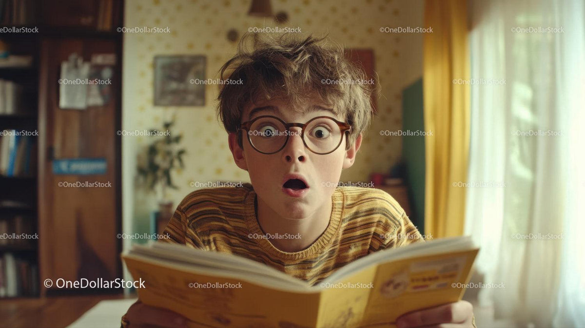 Boy with glasses surprised expression reading yellow book indoors with curtains and shelves