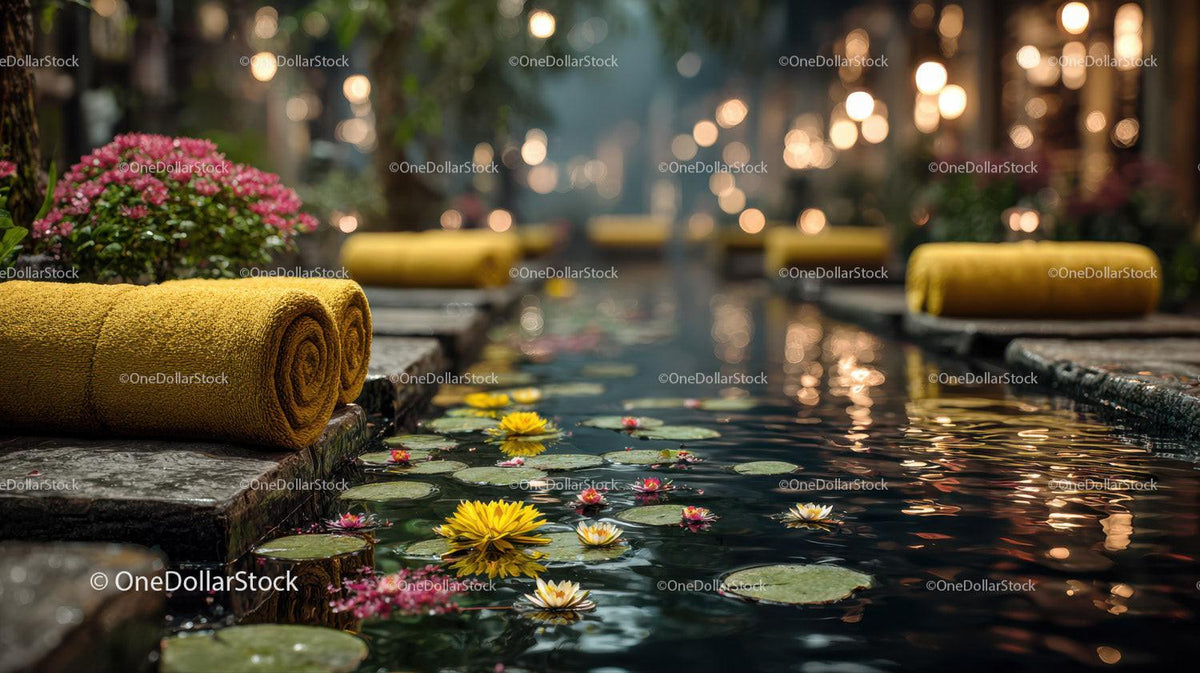 stock photo bundle made with Serene Outdoor Spa Scene with Yellow Towel and Water Lilies Stock Photo Bundle