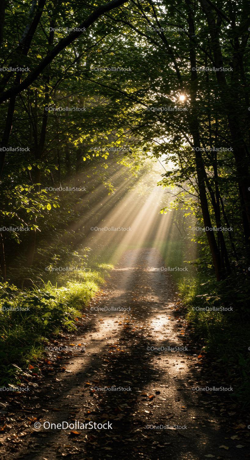 Sunlight Streaming Through Dense Forest Pathway