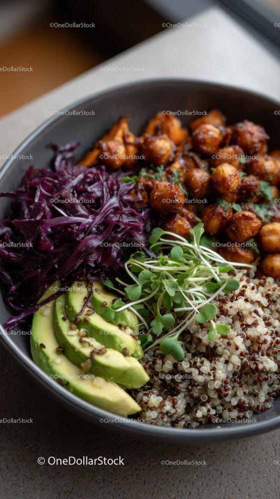 Colorful Vegan Bowls with Chickpeas Sweet Potatoes Red Cabbage and Quinoa Stock Photo Bundle preview 11