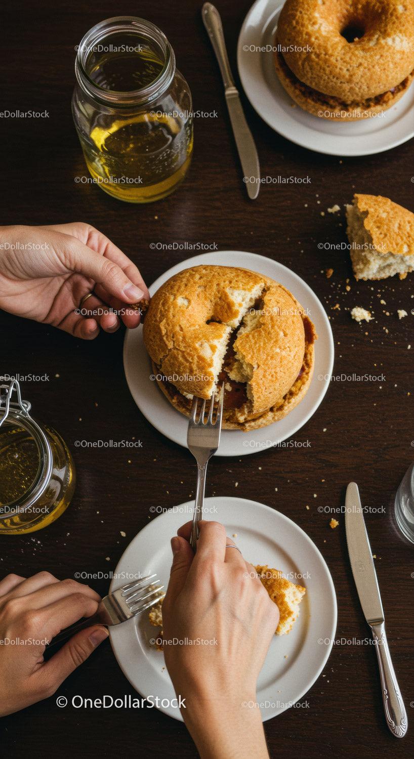 Hands Breaking Bagel Sandwich at Rustic Breakfast Table