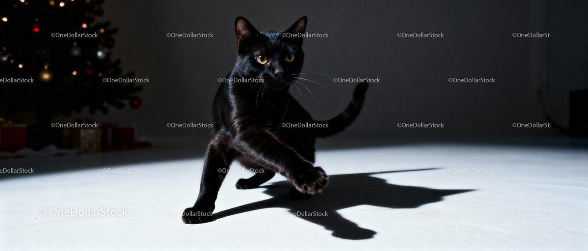 Black cat stepping forward in dimly lit room