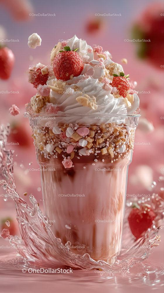 Strawberry Milkshake with Whipped Cream and Sprinkles in Tall Glass