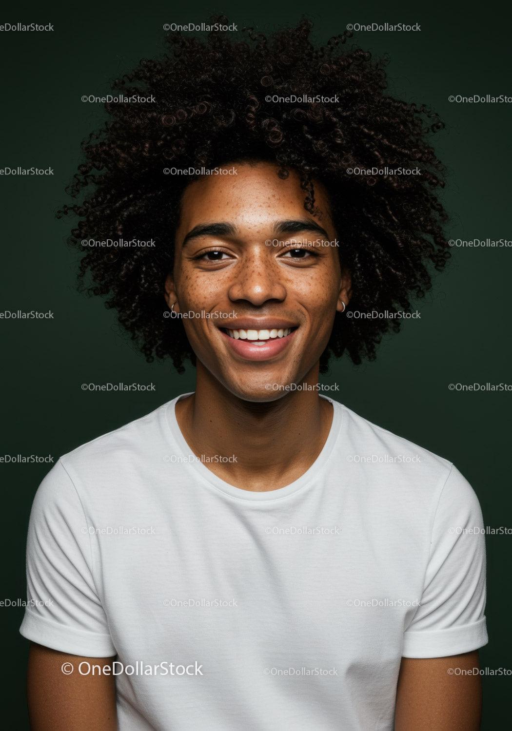 Portrait of a Smiling Young Woman with Curly Hair in Casual White Shirt