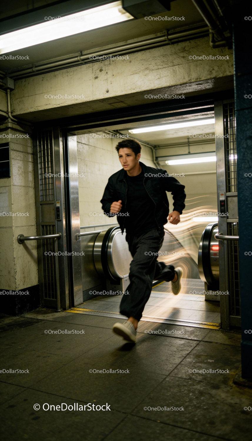 Young man running through urban subway with style